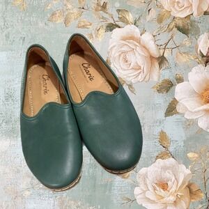 Charix Leather Loafers Women 39 Green Handmade Slip On Flats EUC